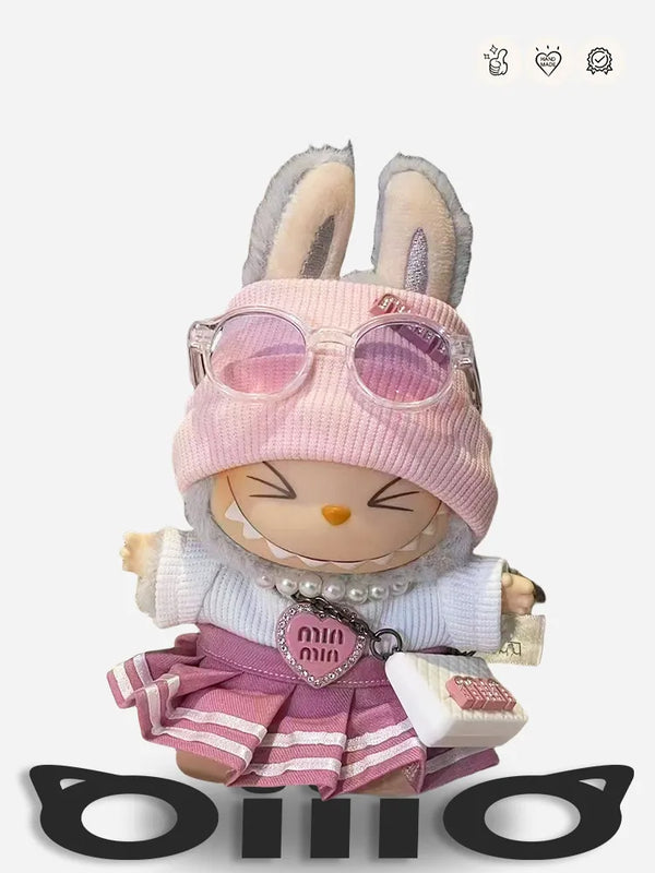 LABUBU Clothes Miu Miu Pink Knit Hat & Skirt Set