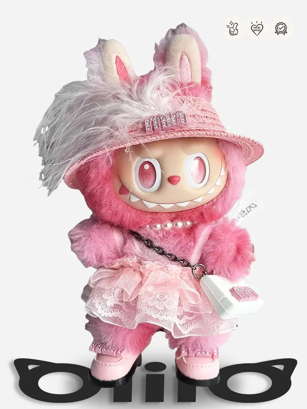 LABUBU Clothes Miu Miu Pink Feather - hat & Dress Set