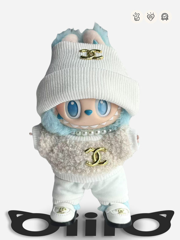 LABUBU Clothes Chanel Knit Hat & Furry Sweater Outfit