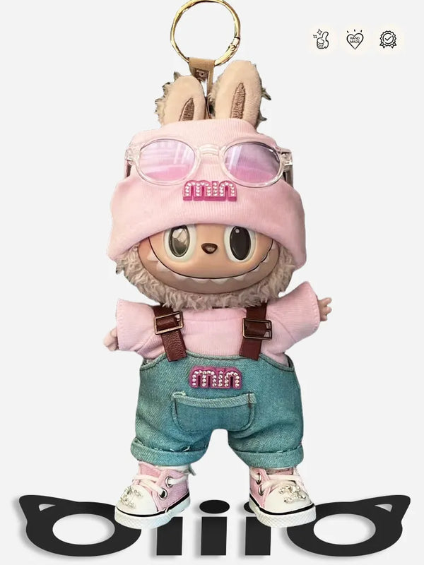 LABUBU Clothes Miu Miu Pink Bucket Hat & Overalls Set