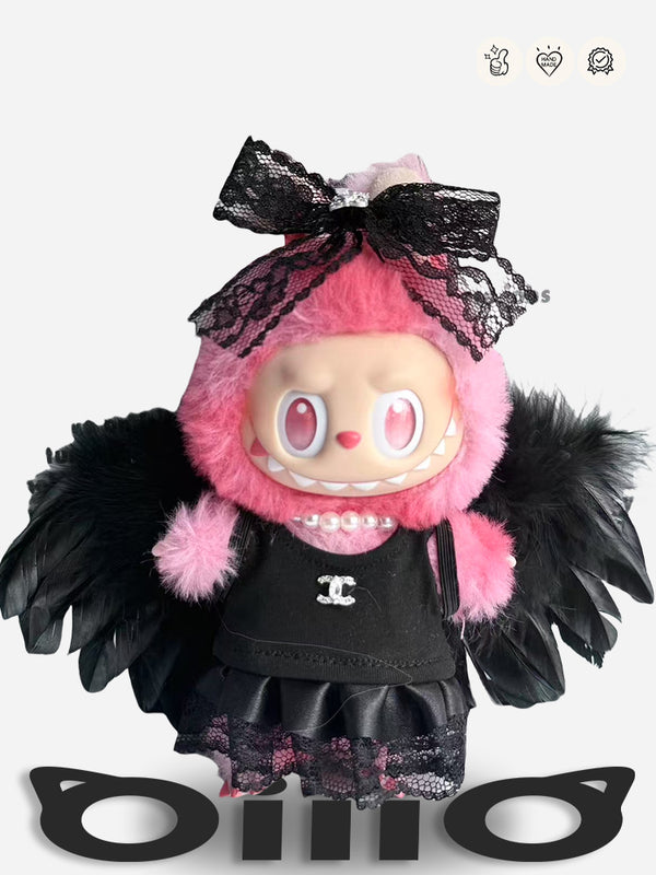 LABUBU Clothes Chanel Lace Bow Black Feather Ensemble